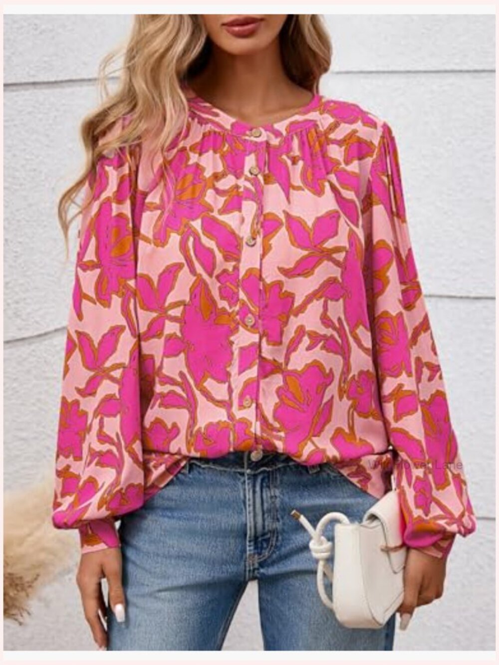 Floral Button Down Blouse Long Sleeve Boho Top Dressy Casual - Picture 6 of 7